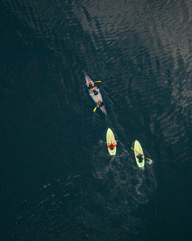 A canoe and two kayaks on dark water, straight down from above
